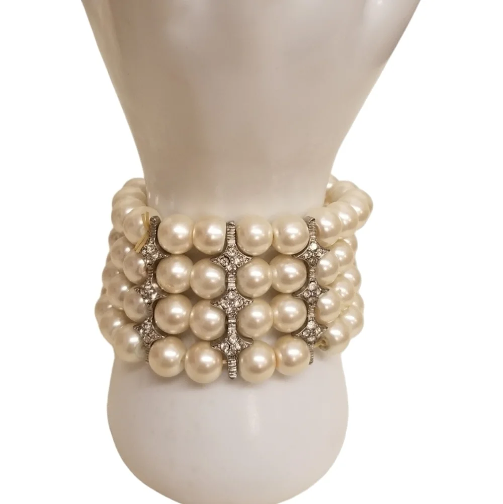 VINTAGE FAUX PEARL & RHINESTONE STATEMENT NECKLACE & BRACELET SET